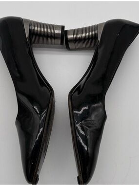 Salvatore Ferragamo Black Patent Leather Silver Heels Women Size 8b 2 3/4 inch